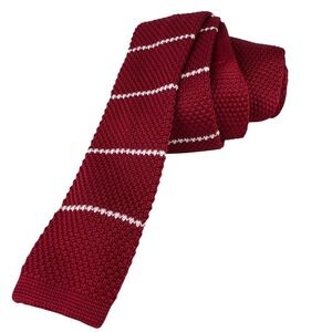ico Knit Necktie Men Burgundy Red White Striped Square Bottom Slim Polyester